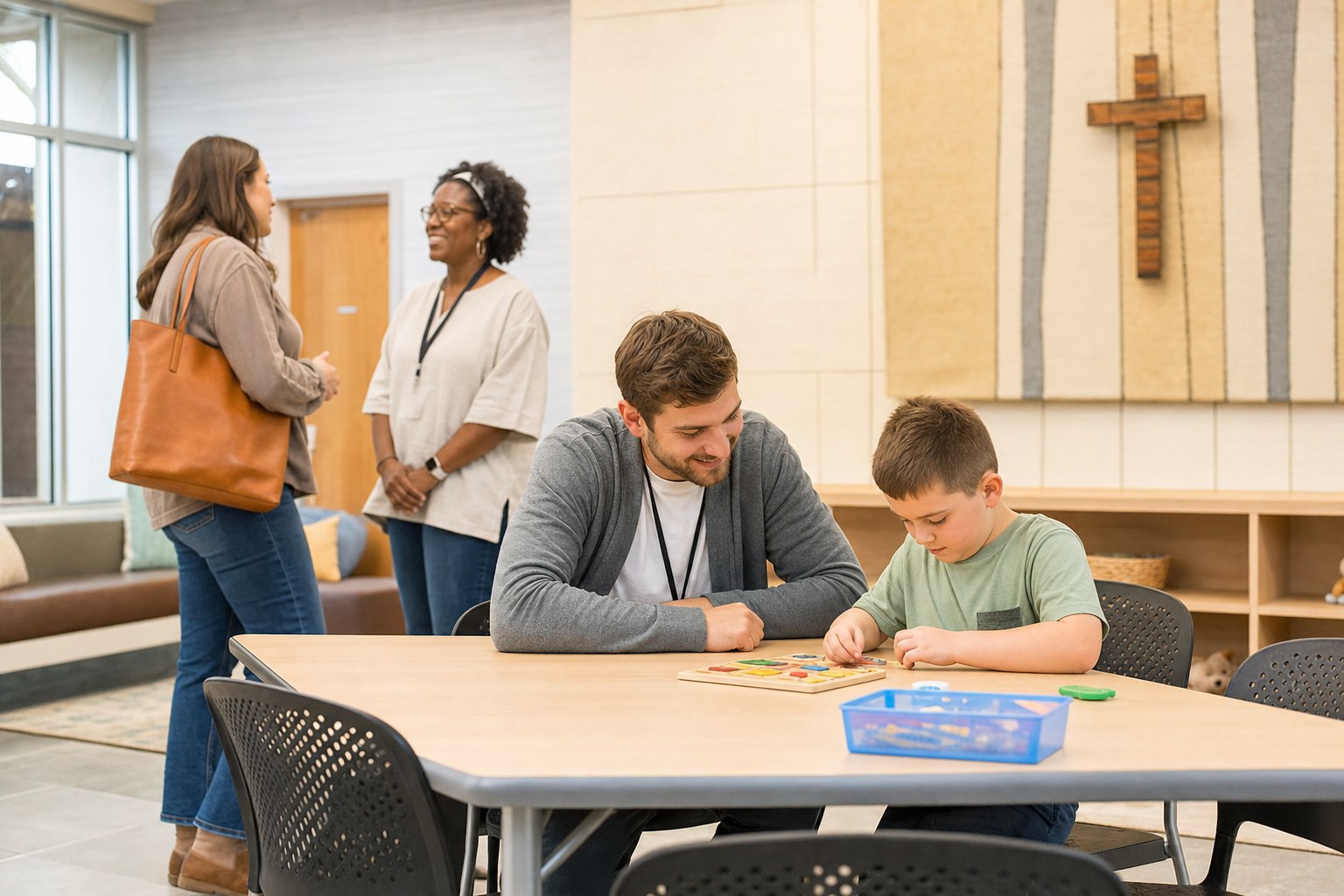 A volunteer and child working together at an activity table