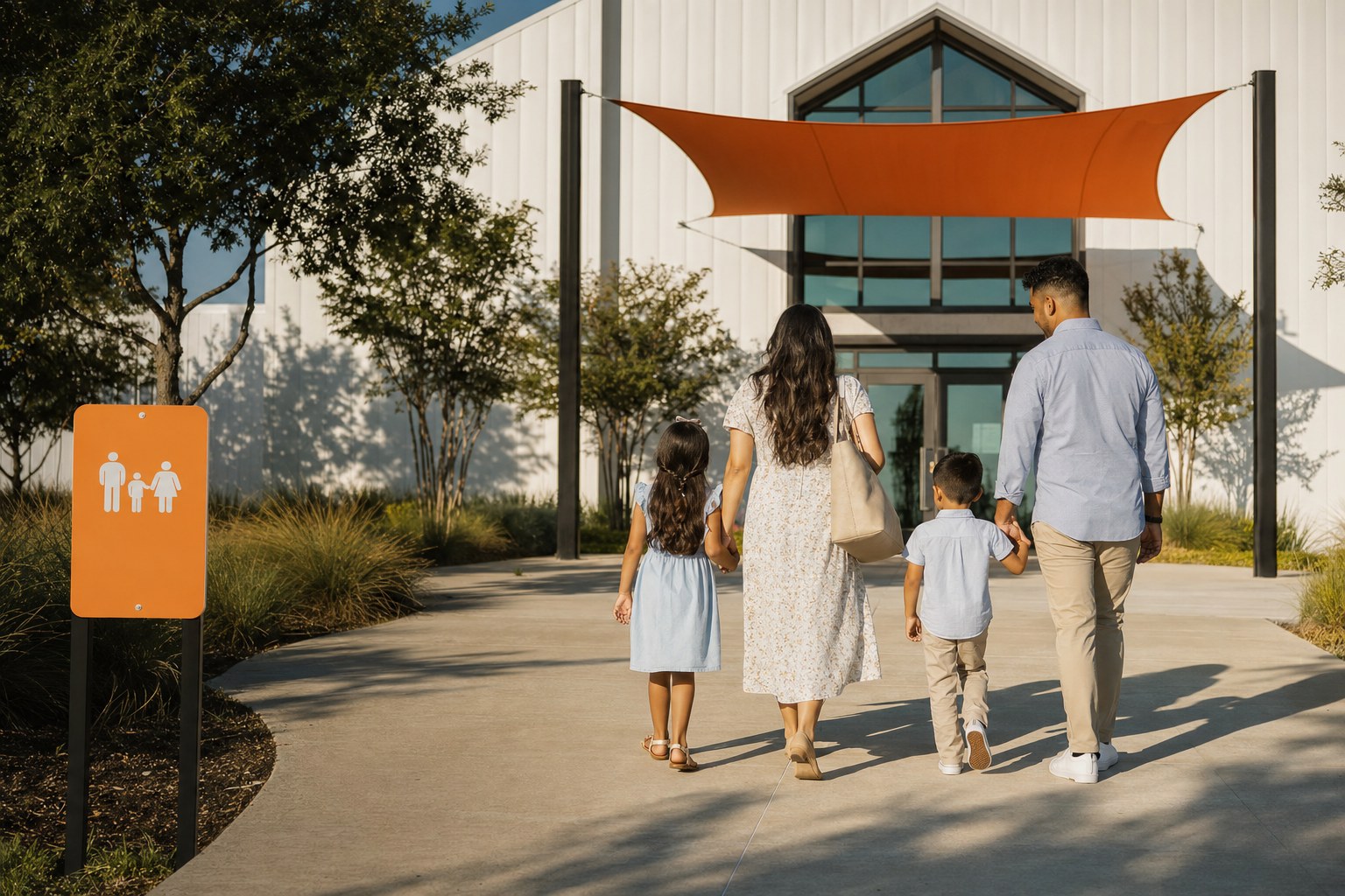 A family walking toward a church entrance beneath an orange awning
