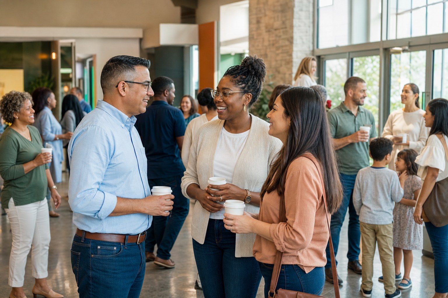 Church community members talking together over coffee