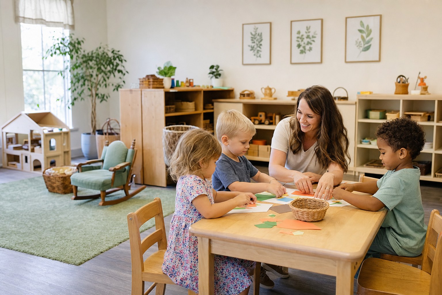Teacher helping preschool children with a craft in a welcoming classroom