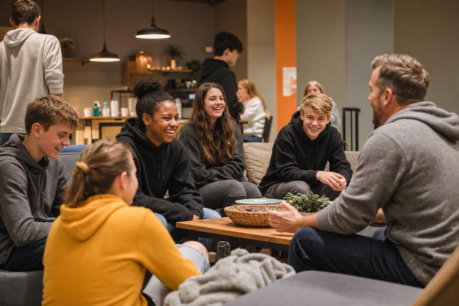 Middle and high school students sharing time with an adult leader