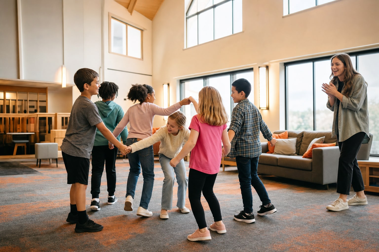 Elementary-age children playing a team game together in a bright upstairs room