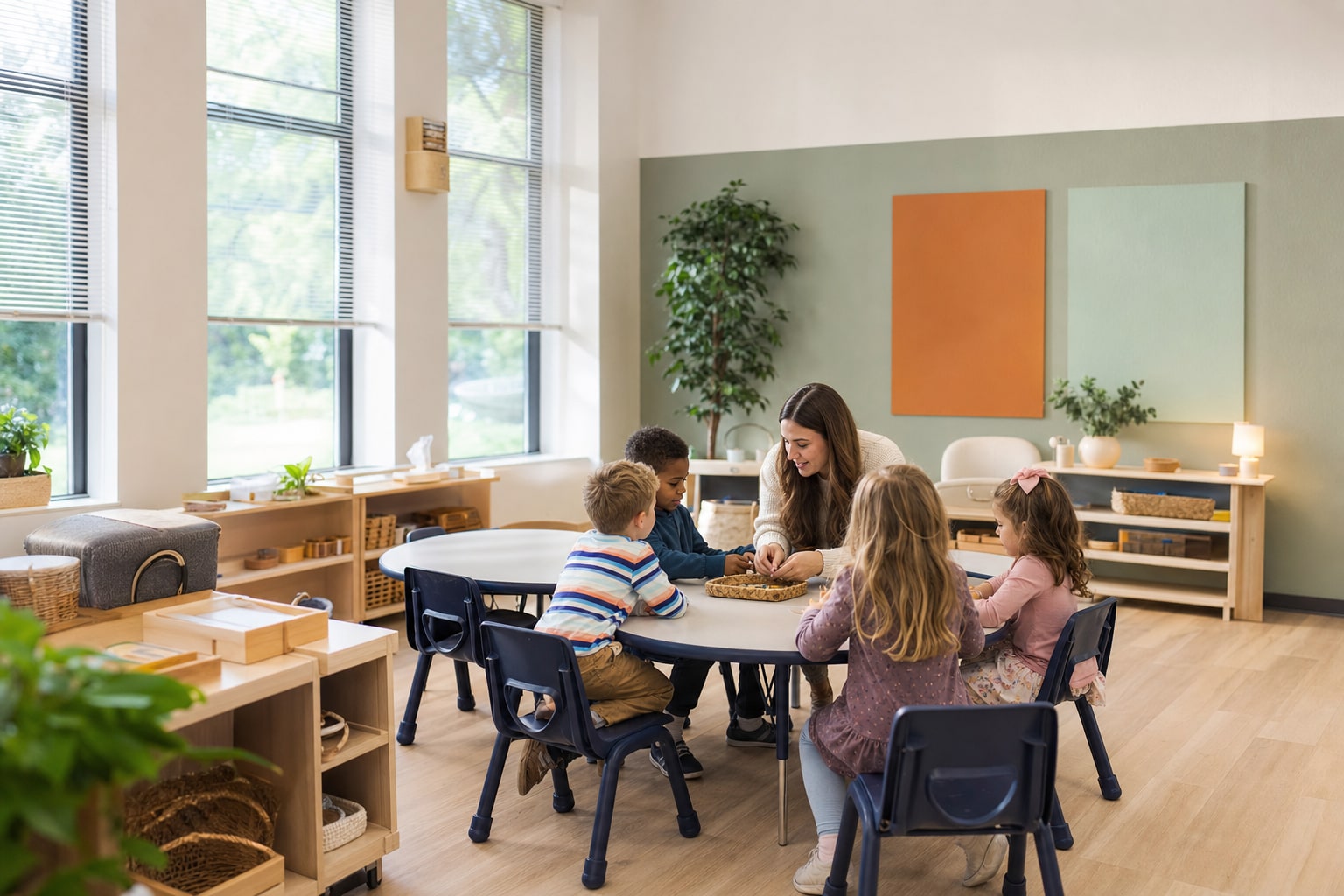 Kindergarten children learning together at small tables with their teacher