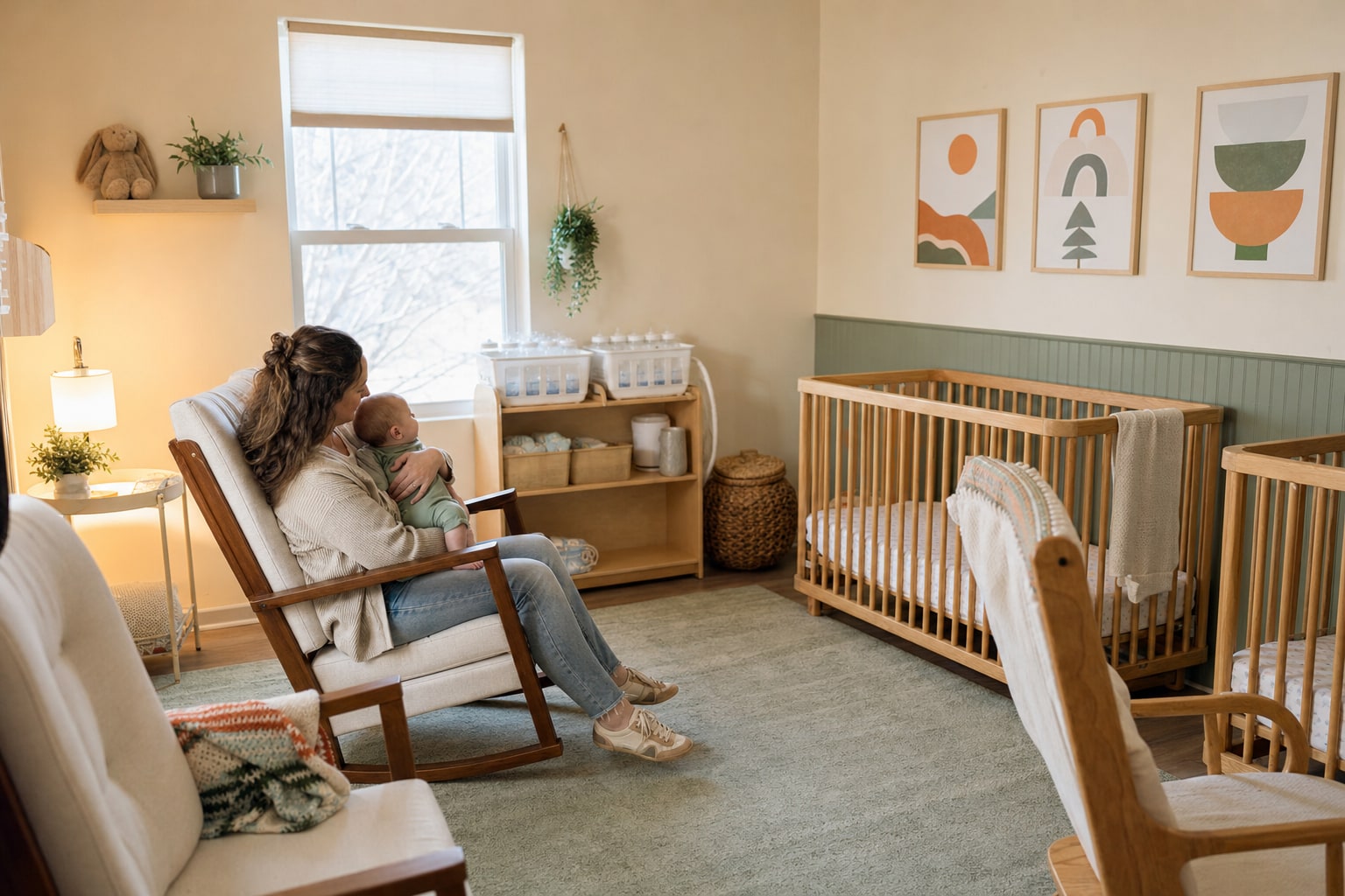 Warm nursery with rocking chairs, cribs, and a volunteer holding a baby