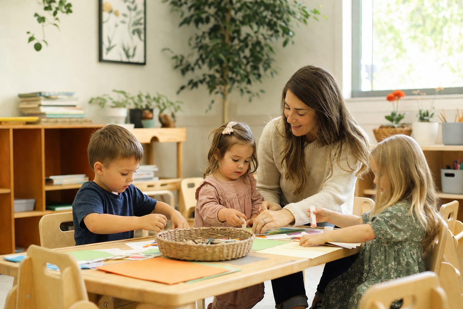 Preschool children making crafts with their teacher at a table