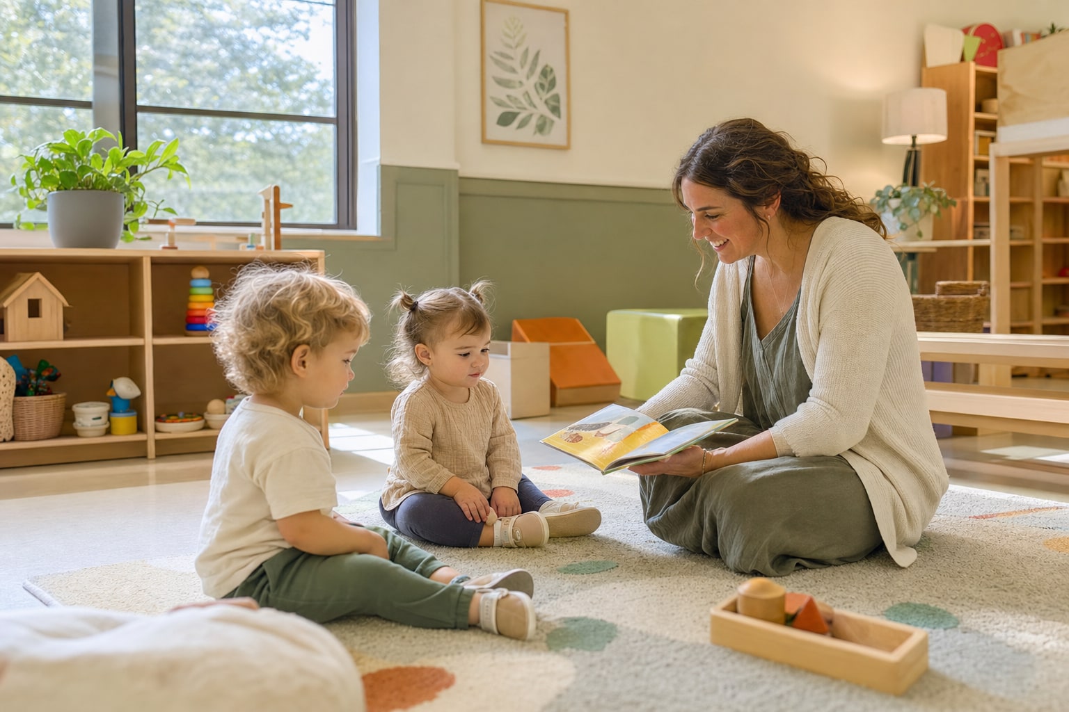 Toddler classroom with low shelves, soft play mats, and a teacher reading to children