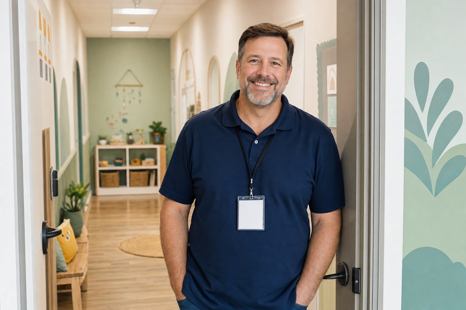 A friendly safety team volunteer standing at the door of a bright kids hallway